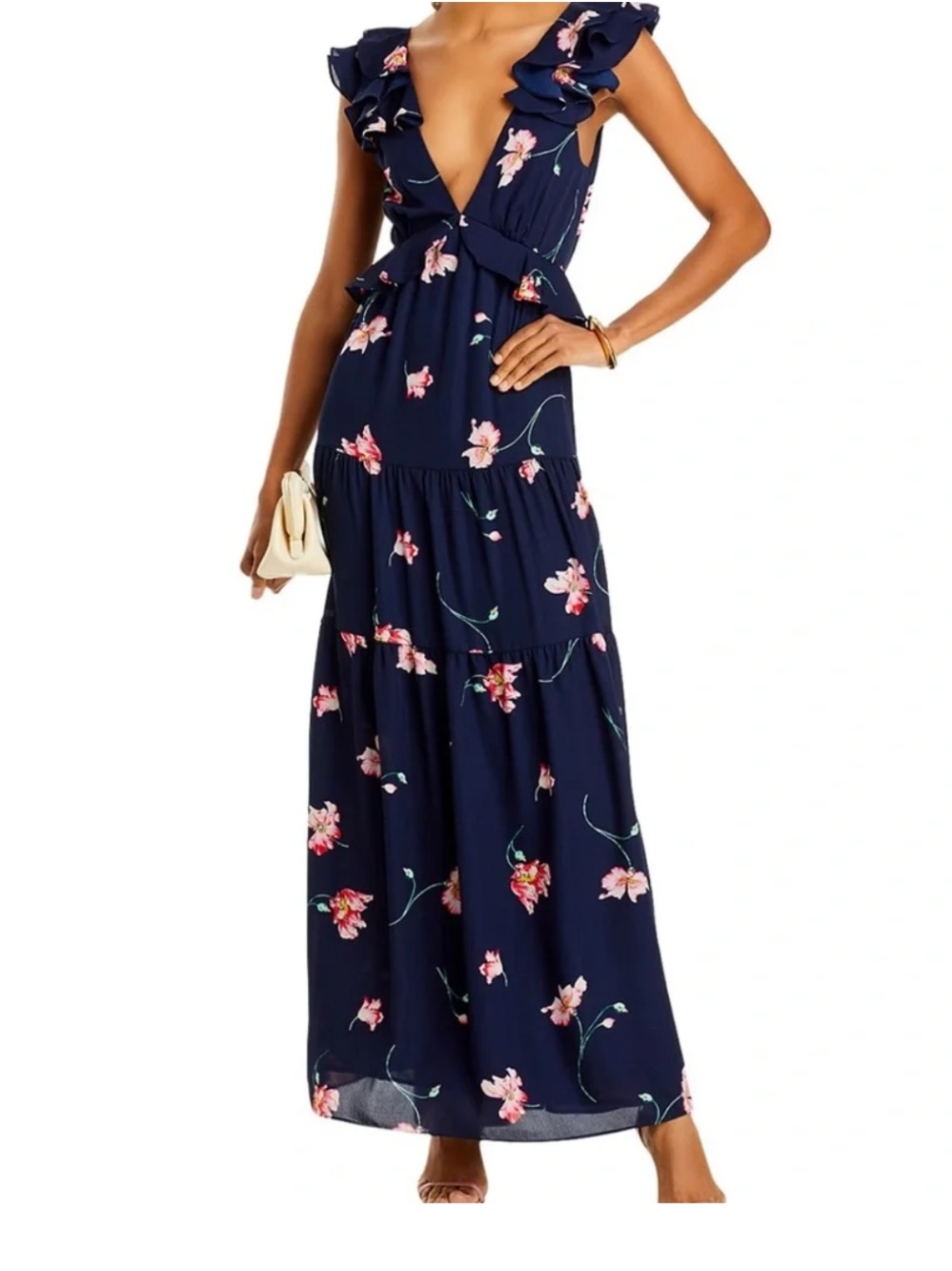 Aqua Navy Floral Ruffle-Shoulder Maxi Dress